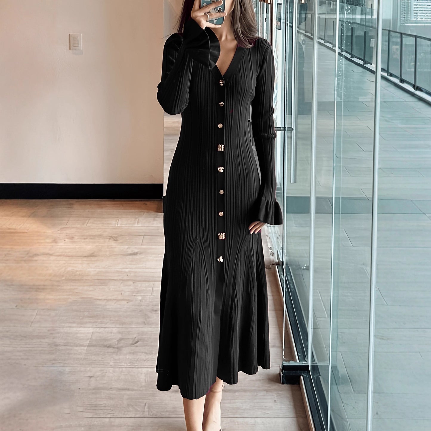 Women's French Style Long Gold Line Buckle Sleeve Dress