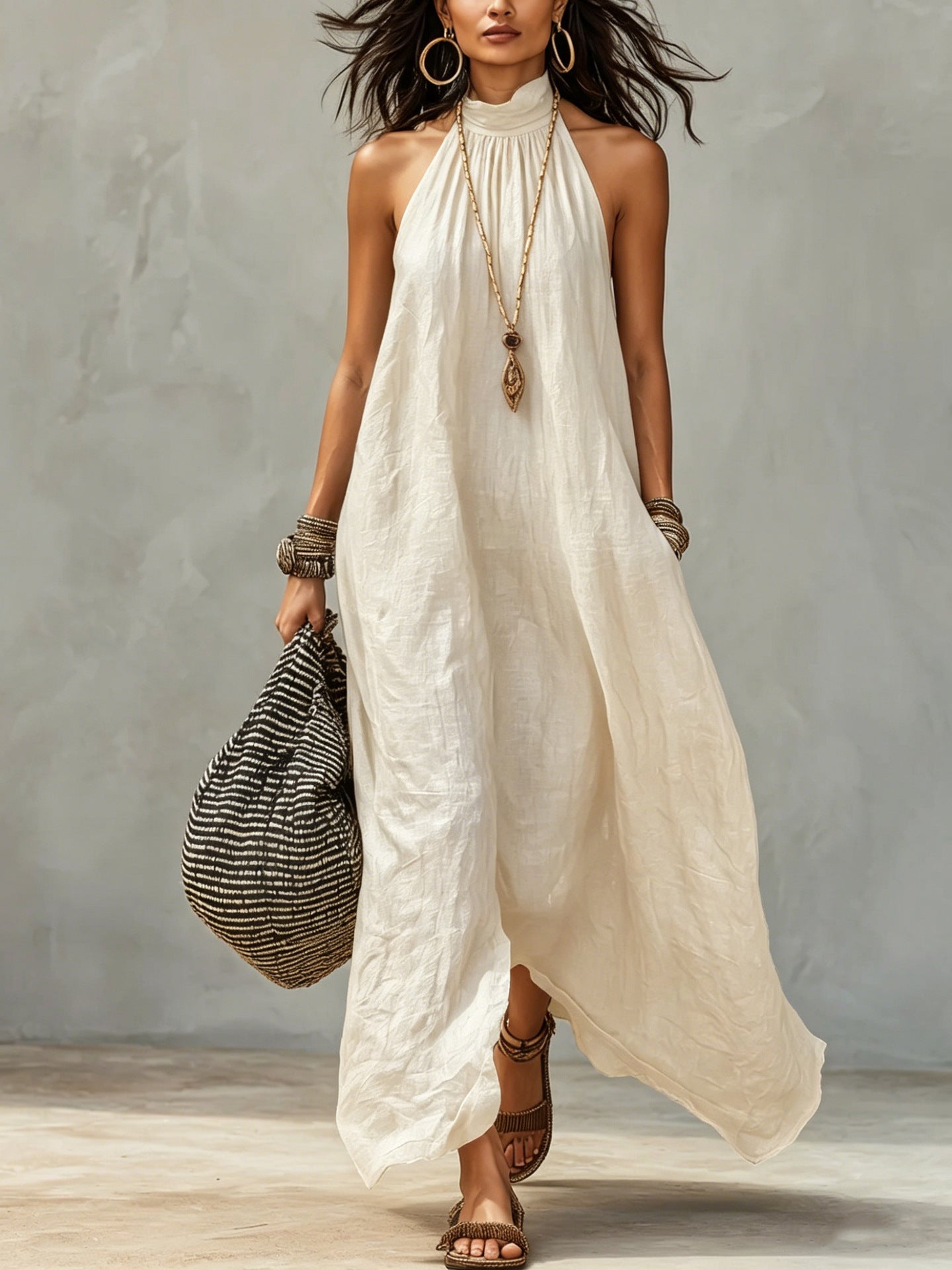 Women's Style Halter Long Backless Wrinkle Loose Dress
