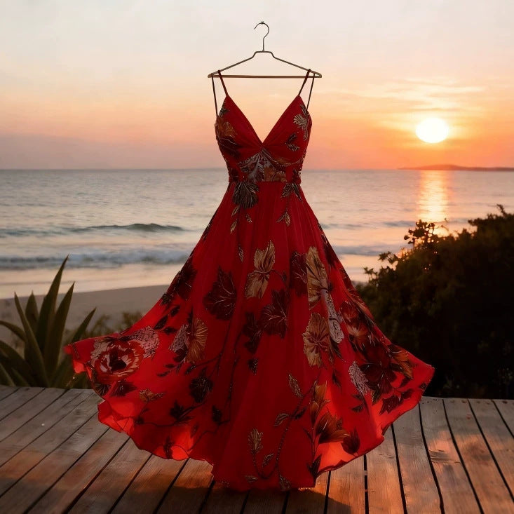Durable Vacation Style Strap Printed Long Dress
