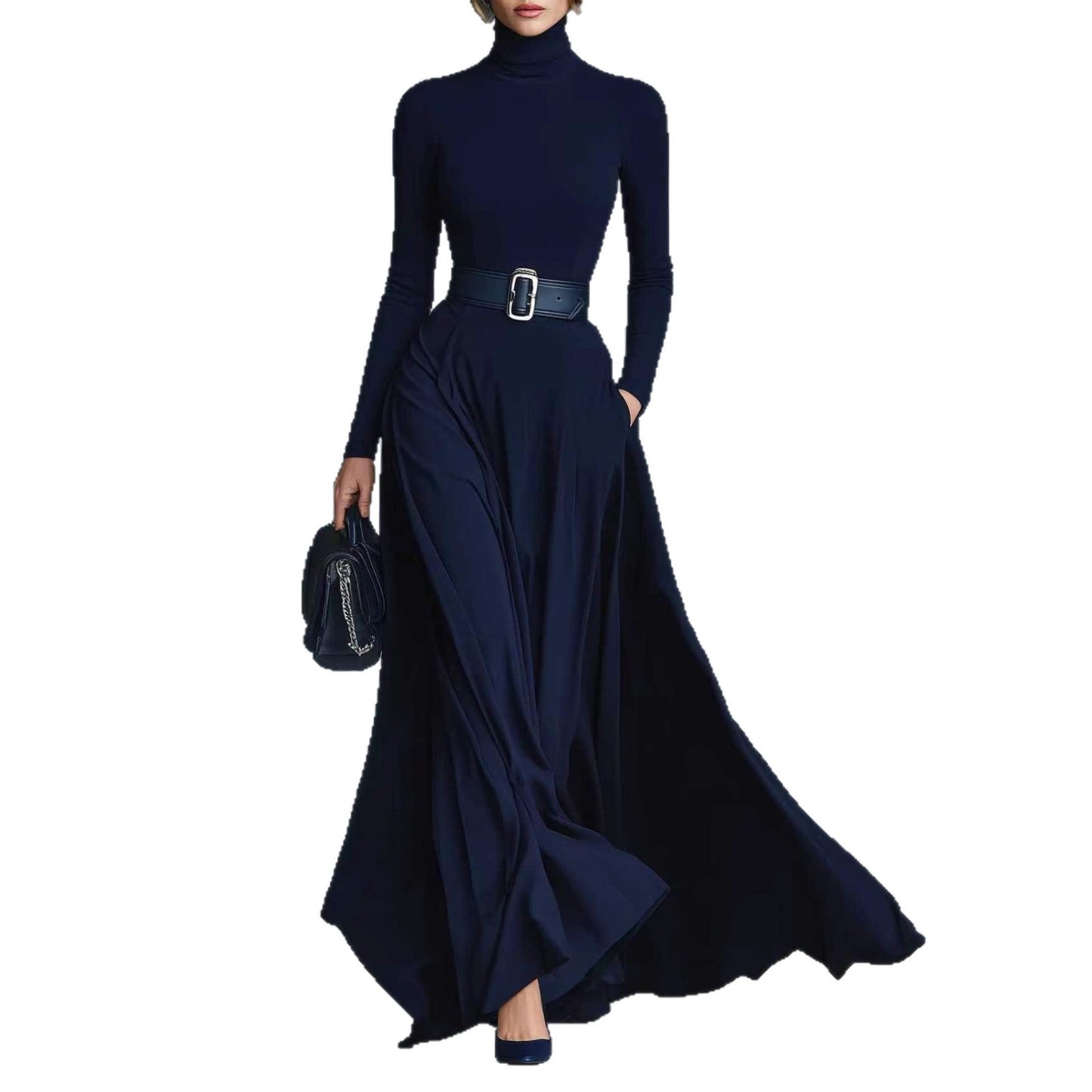 Women's Color Long Sleeve High Collar Large Dresses