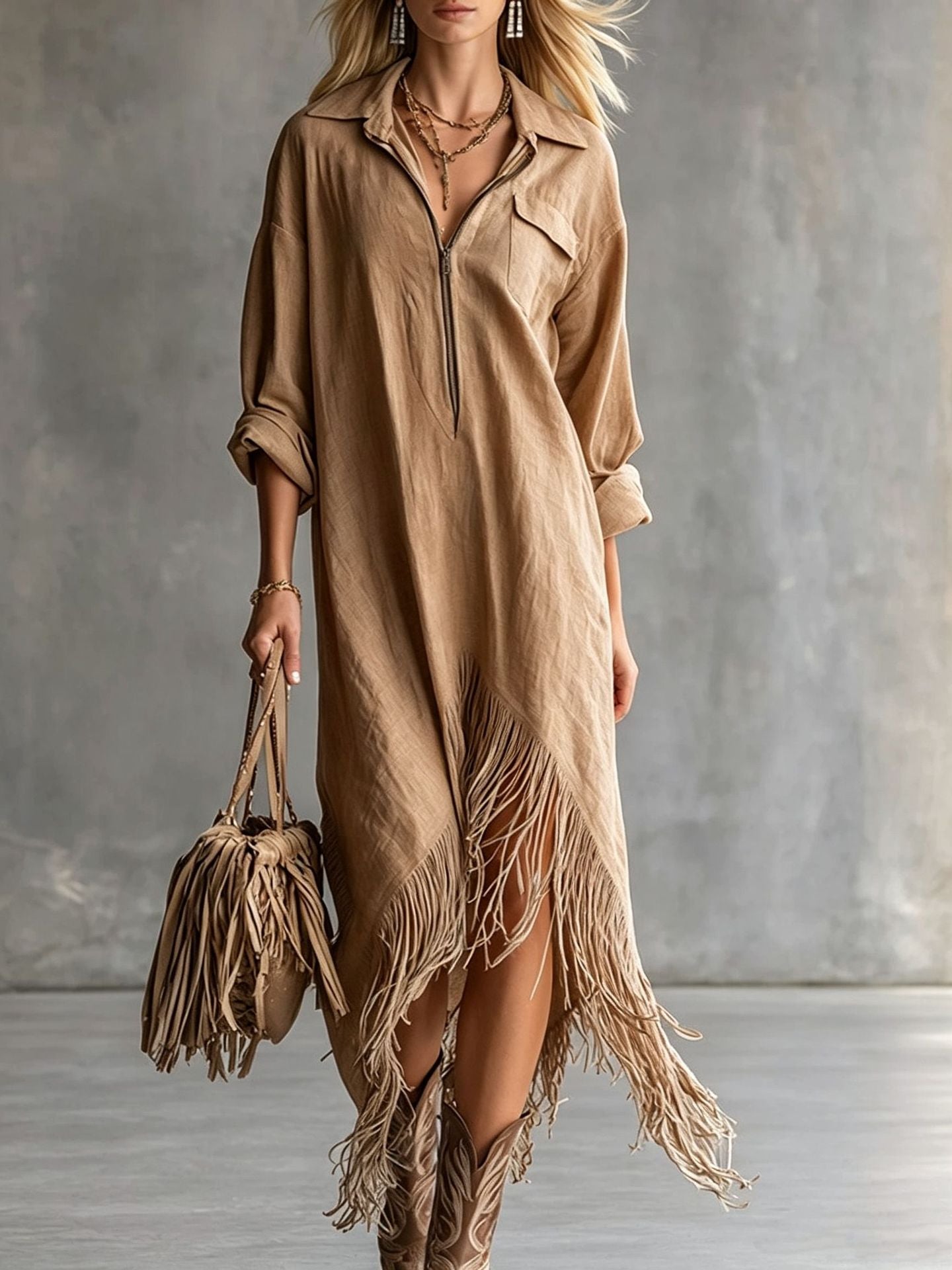 Autumn Elegance Retro Loose Irregular Fringed Dress