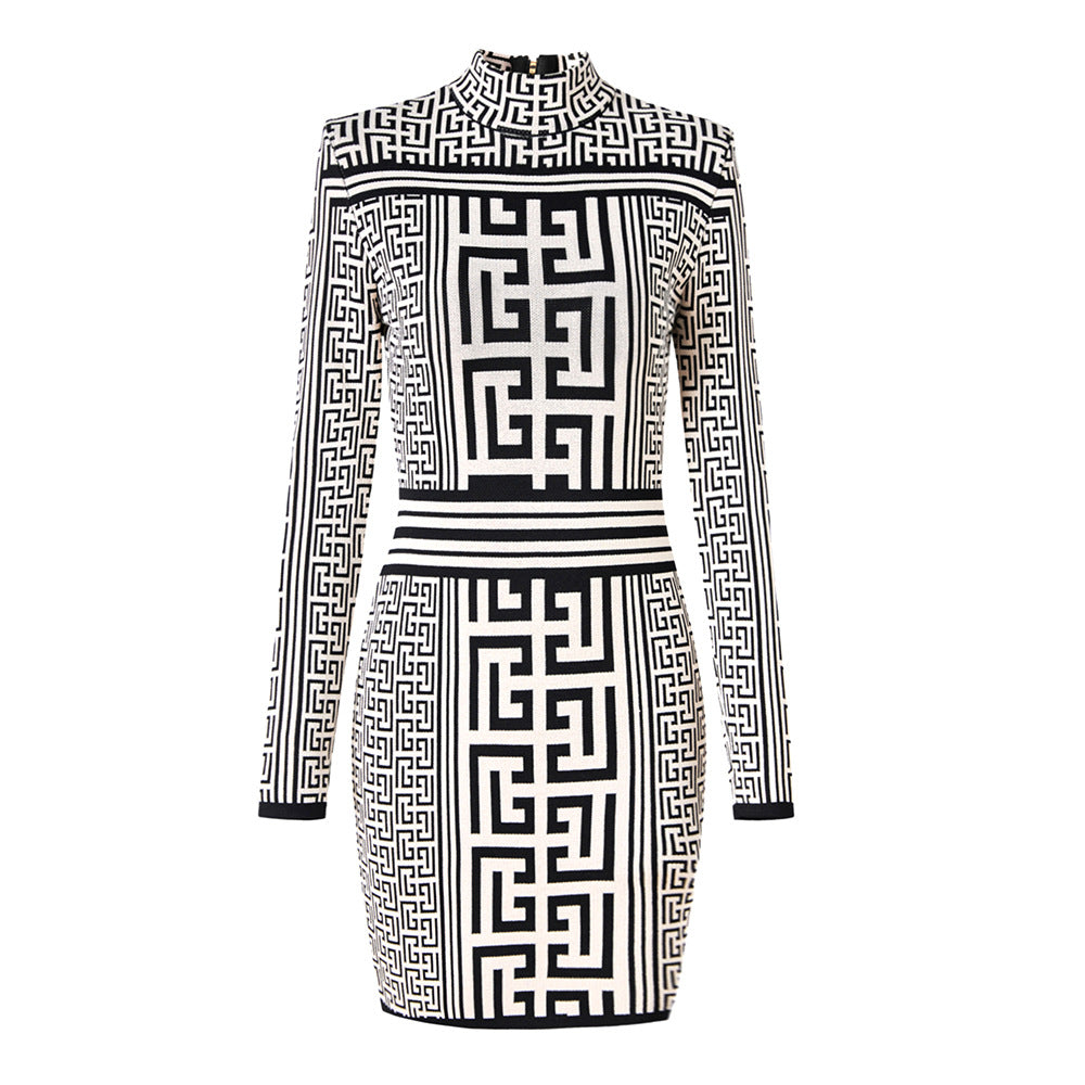 Pattern Geometric Stand-up Collar Long-sleeved Qu Knitted Dress Dresses