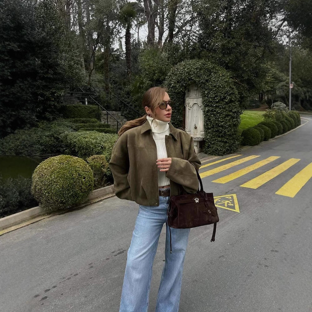 Women's Drawstring Design Lapel Deerskin Veet Pilot Long Jackets