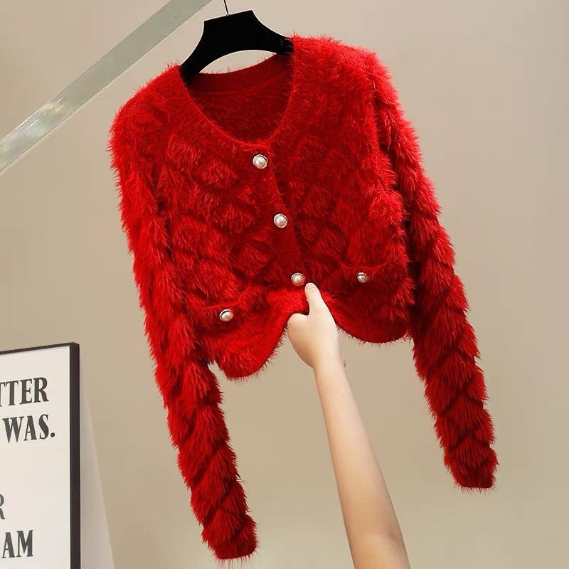 Fashionable Tup Pure Color Trendy Style Furry Classic Women's Sweater