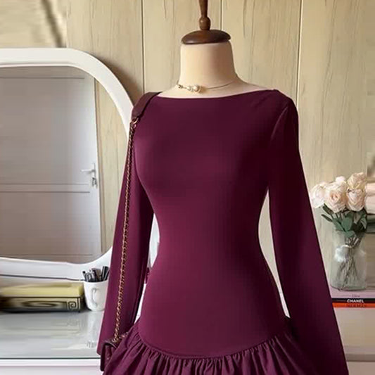 Women's Autumn French Ruffled Red Slimming Dress Dresses