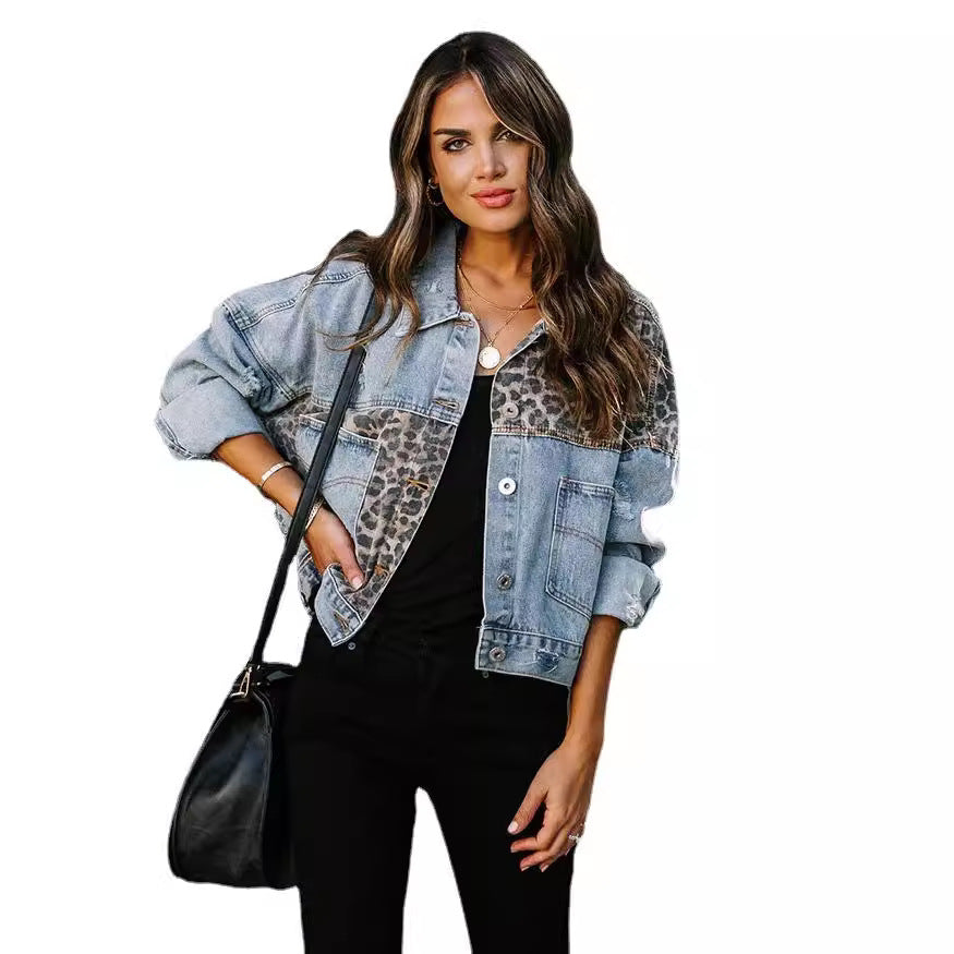 Leopard Print Fashion Stitching Ripped Denim Coats