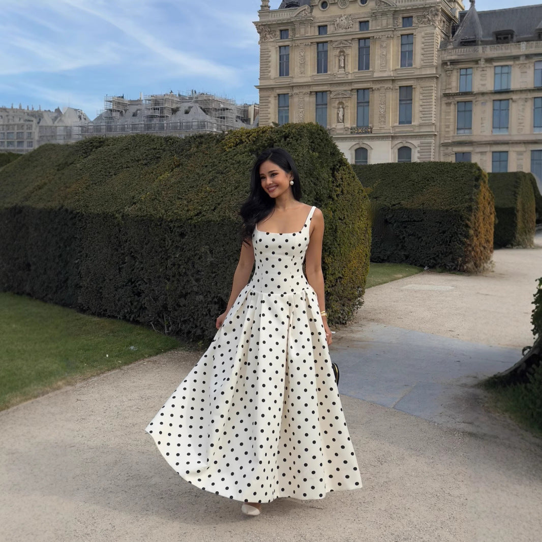 Temperament Polka-dot Cinched Pleated Large Swing Dresses