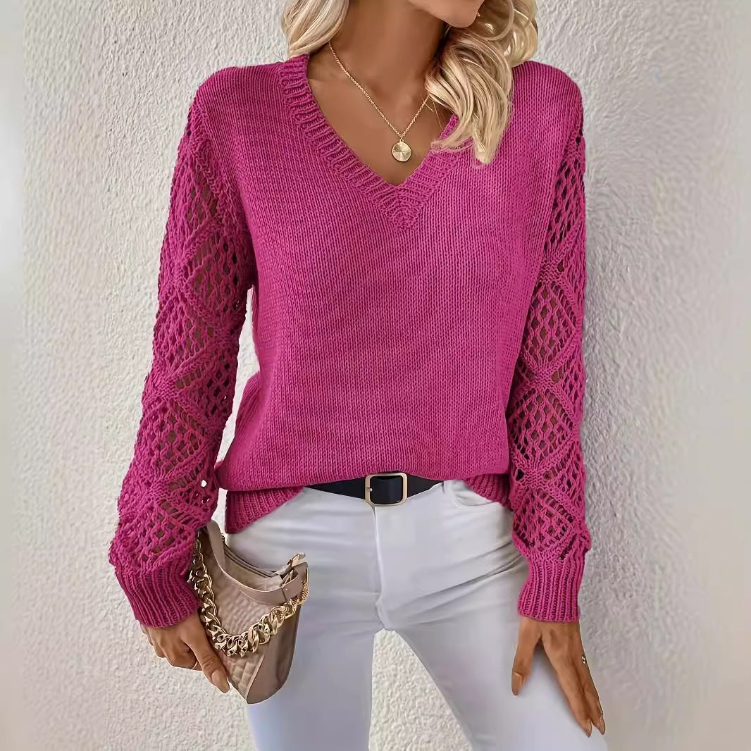 Women's Long Sleeve Hollow Out Pullover Crocheted Jacquard Loose-fitting Base Sweaters
