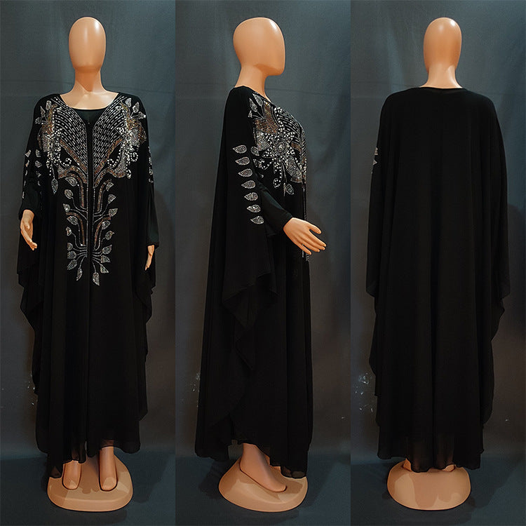 Women's African Dress Chiffon Rhinestone Robe Muslim Dresses