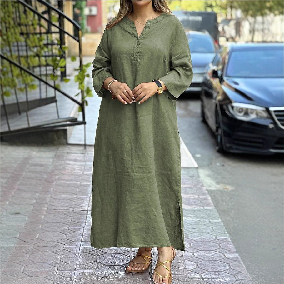 Cotton Linen Solid Color Long Sleeve Dress