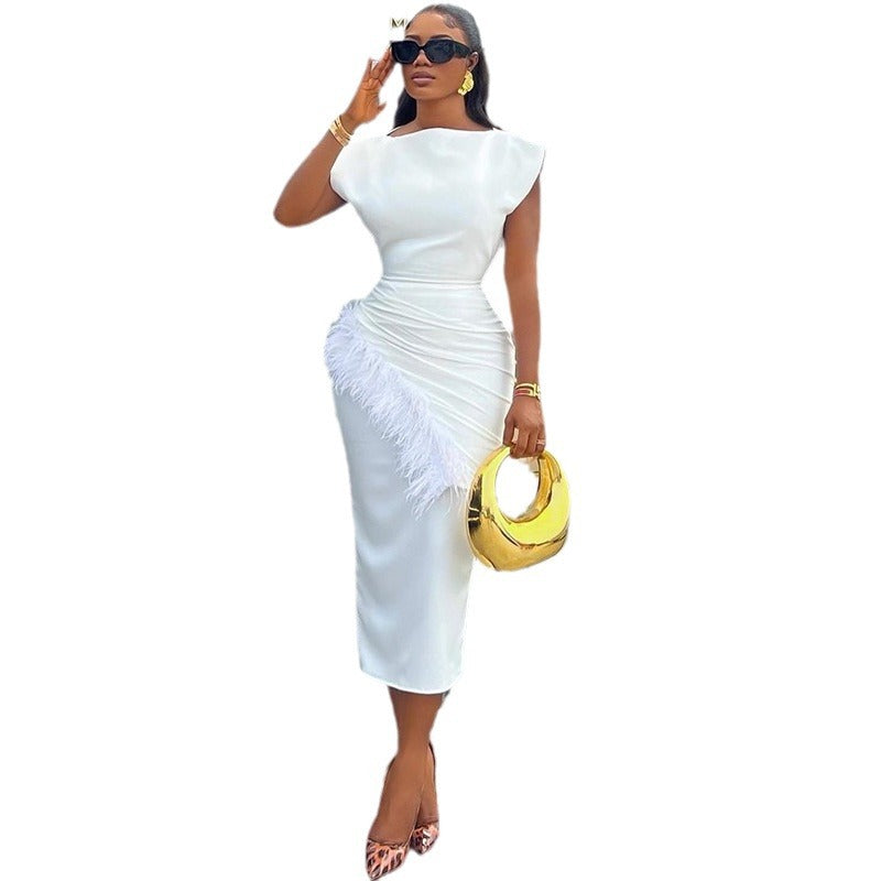 Women's Solid Color Pleating Frayed Hem Slim Dresses
