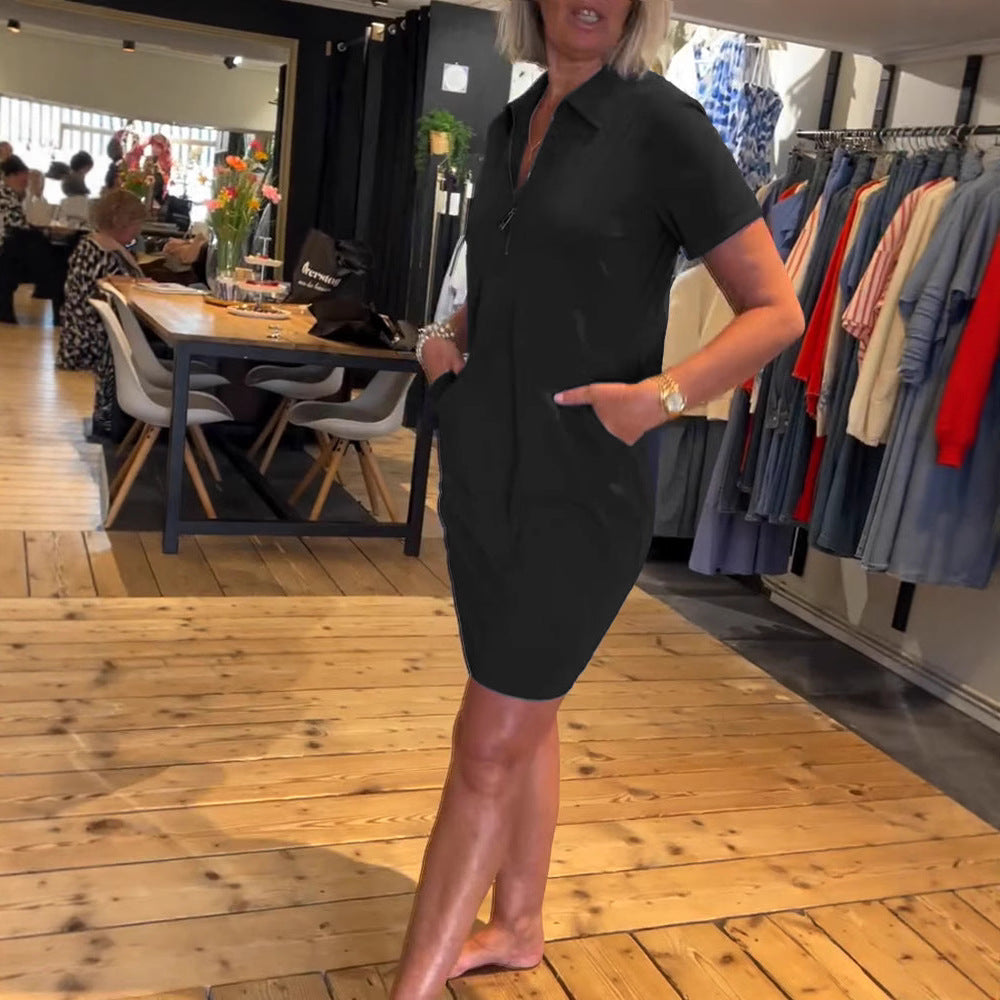 Summer Solid Color Sleeve Lapel Zipper Dress