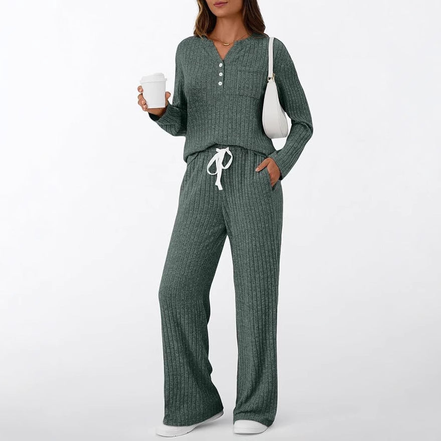 Women's Sunken Stripe Brushed Outerwear Home Pajamas Fashion Casual Suit