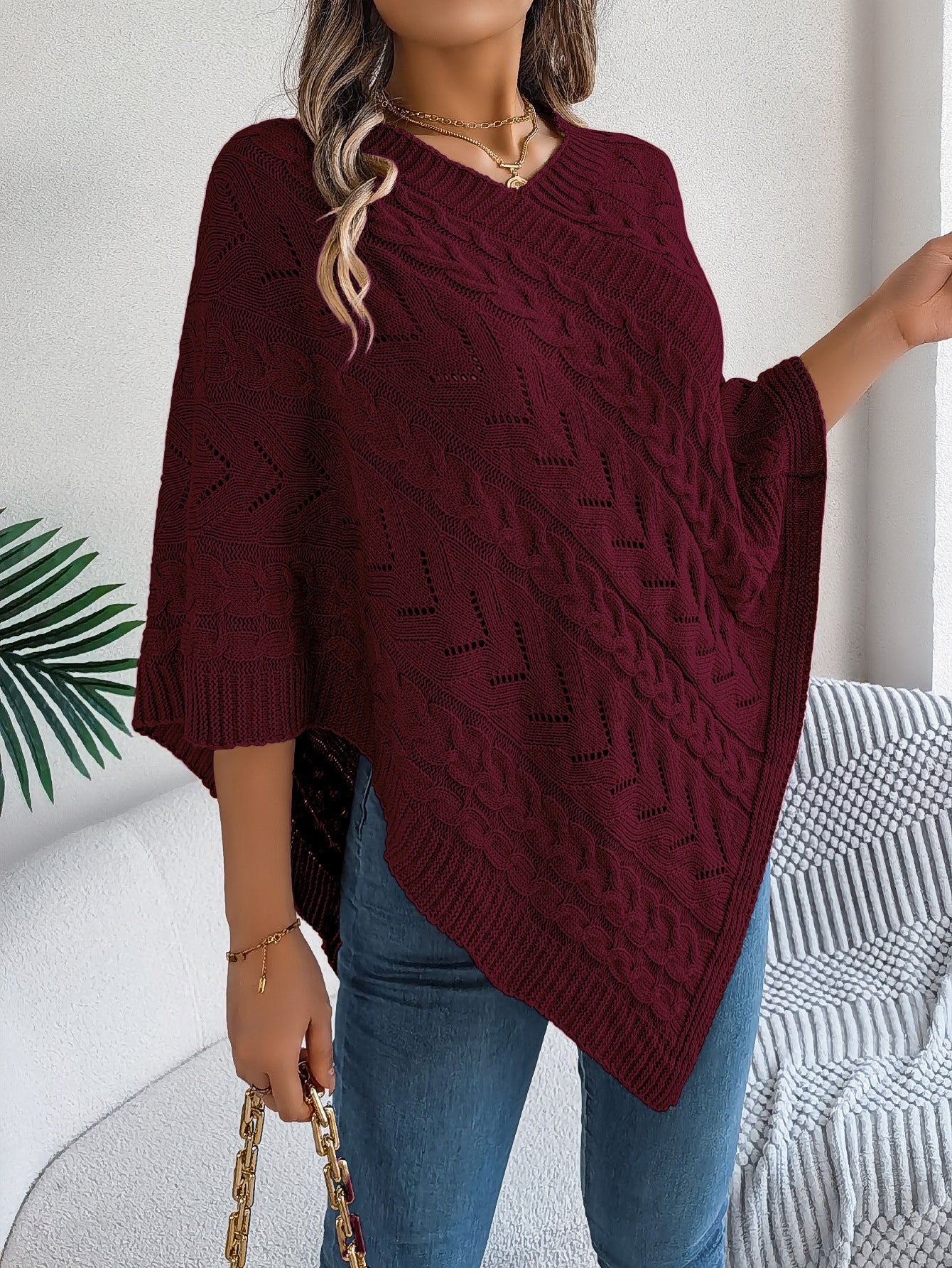 Women's Casual Solid Color Cable Loose-fitting Cloak Sweater
