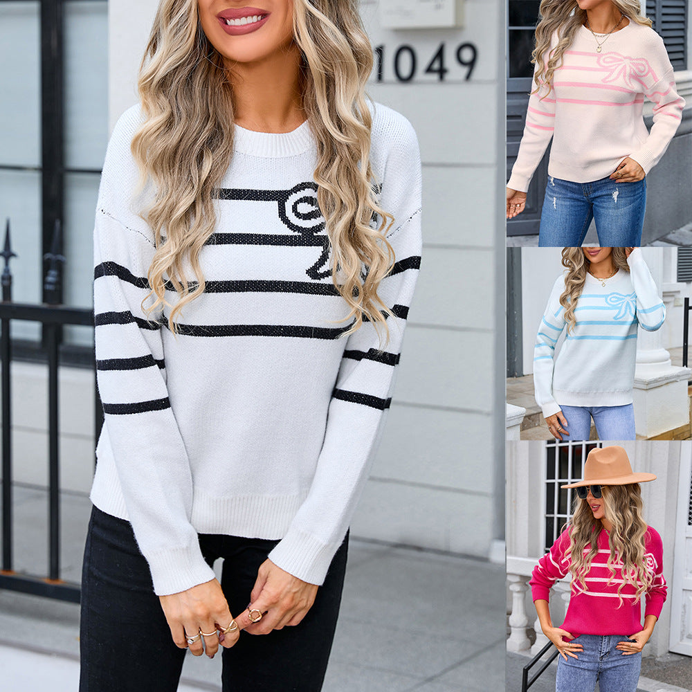 Spring Striped Bow Round Neck Flower Knitted Sweater