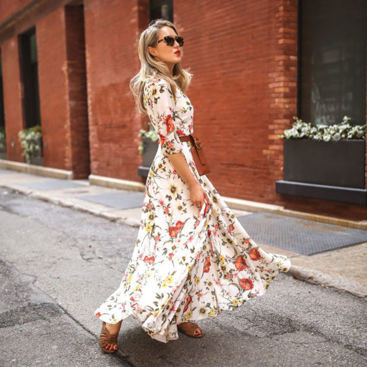 Women's Printed Bohemian Round Neck Sleeve Large Dress