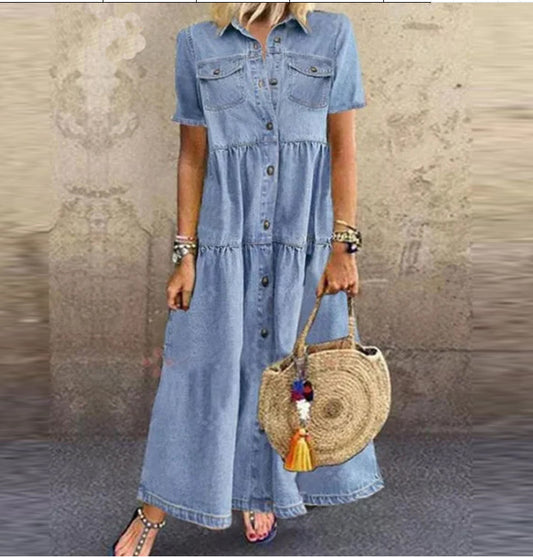 Versatile Denim Style Long Distressed Dress Dresses
