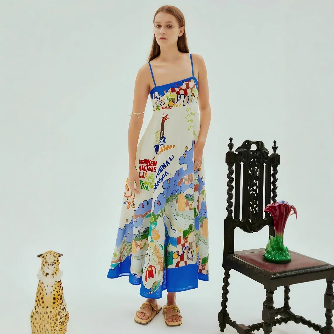 Women's Sexy Strap Iti Linen Printed Large Dress