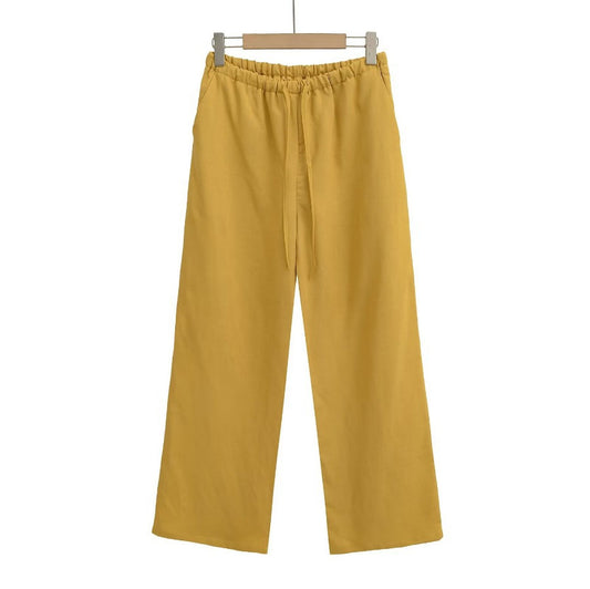 Women's Summer Breathing Linen Narrow Waist Drawstring Casual Wide Pants