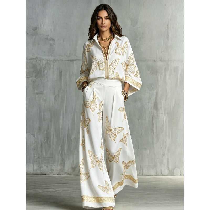 Women's Printed Sexy Deep V Loose Zip Wide Fashion Casual Suit