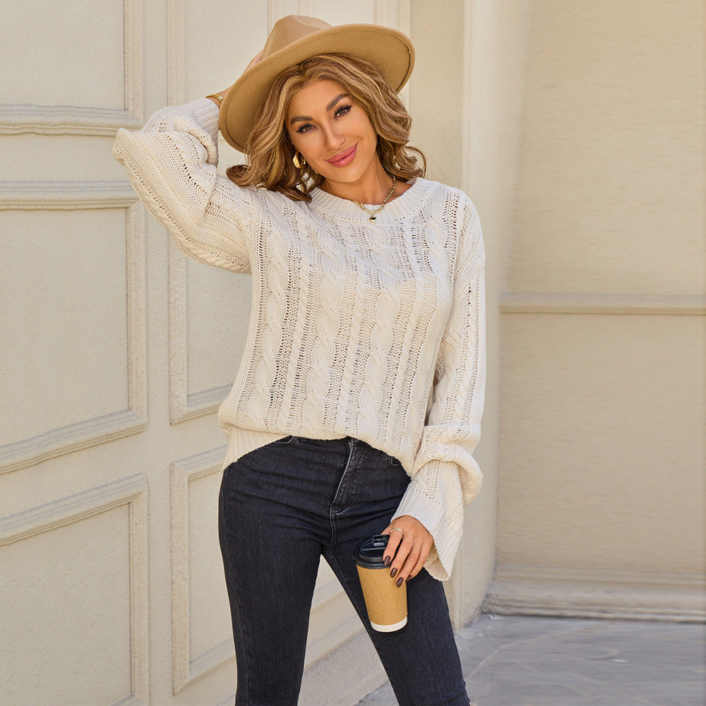 Women's Solid Color Twist Round Neck Loose Sweater