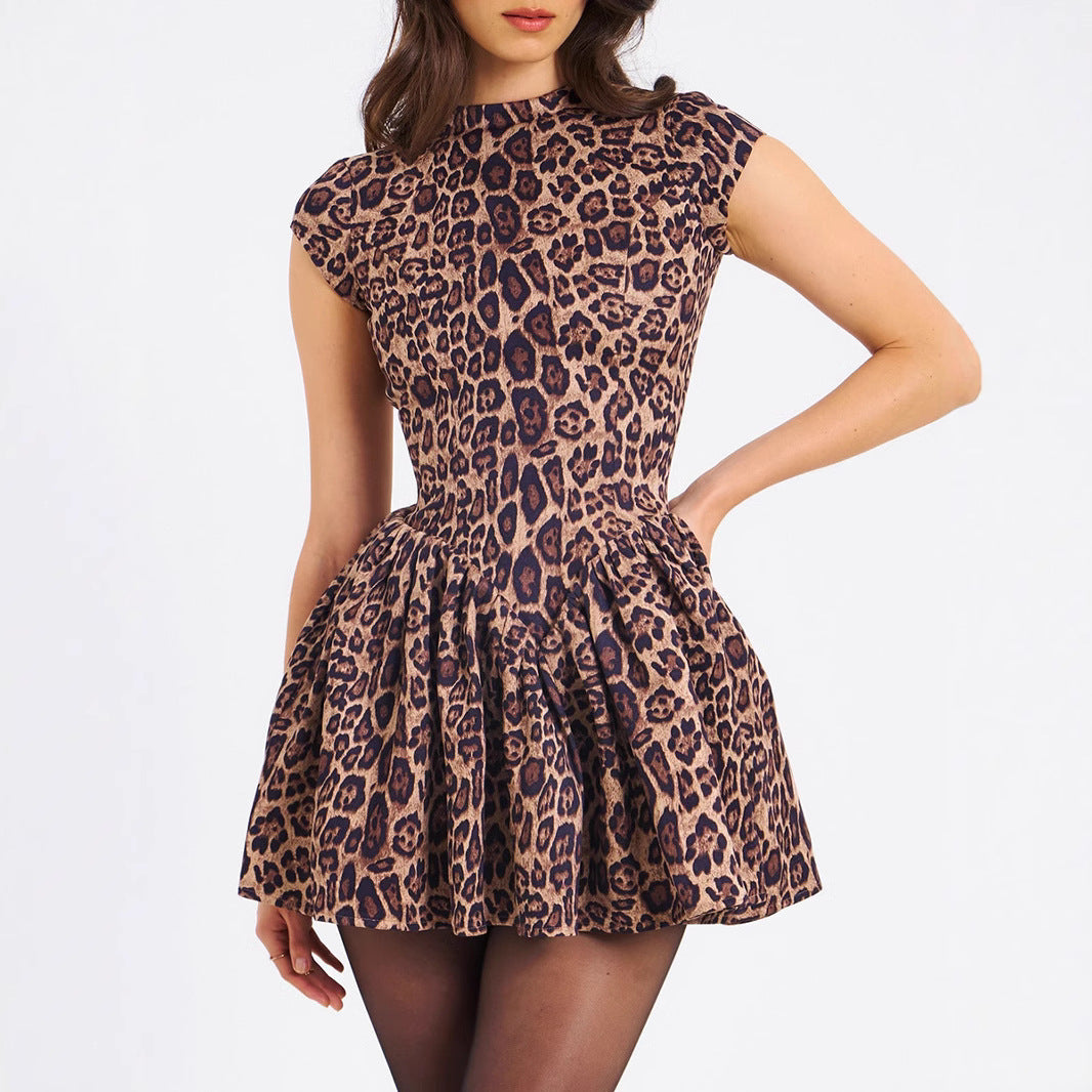 Women's Print Round Neck Pleated Slim Fit Sexy Dress