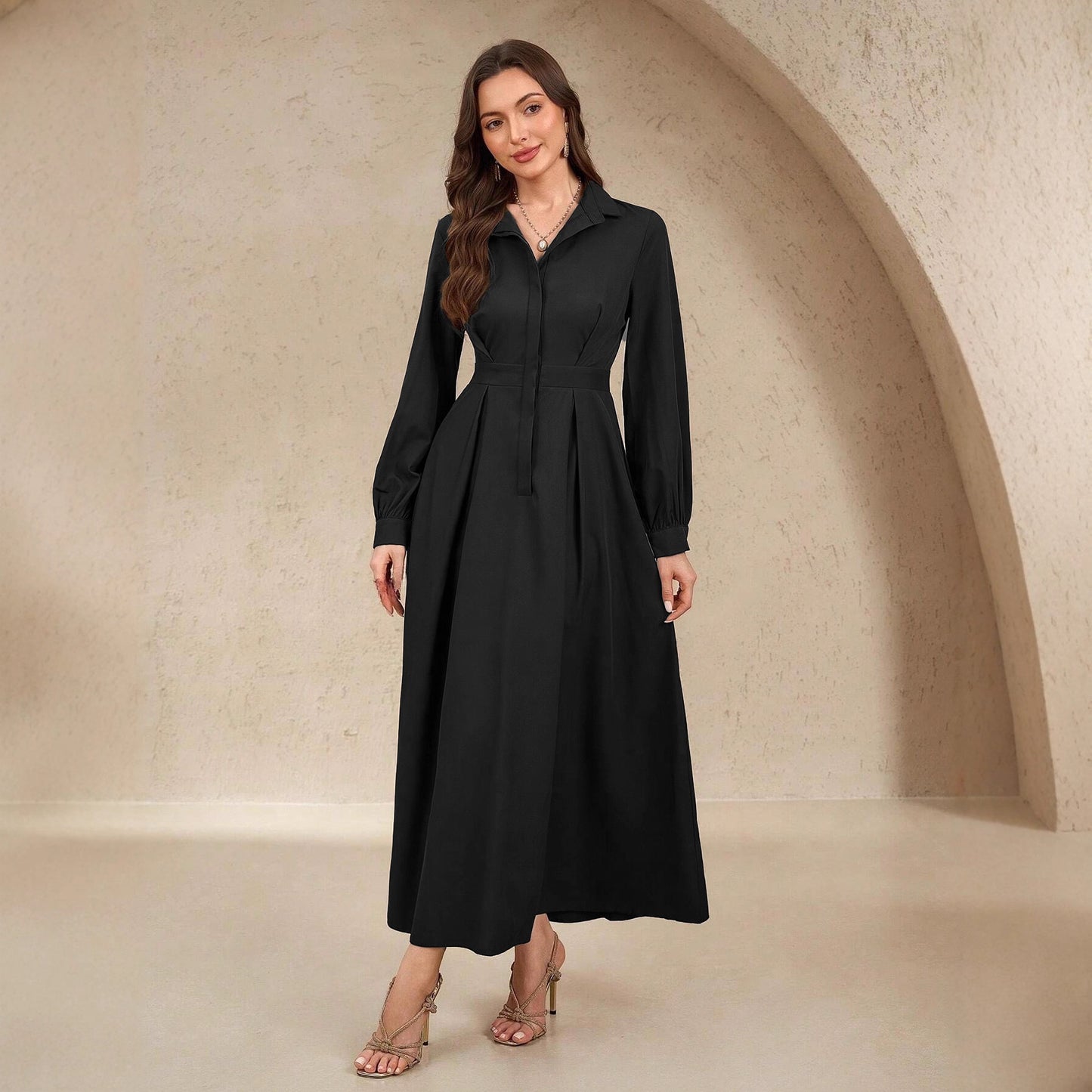 Women's Pocket Elegant Shirt Collar Slimming Solid Color A- Line For Dress
