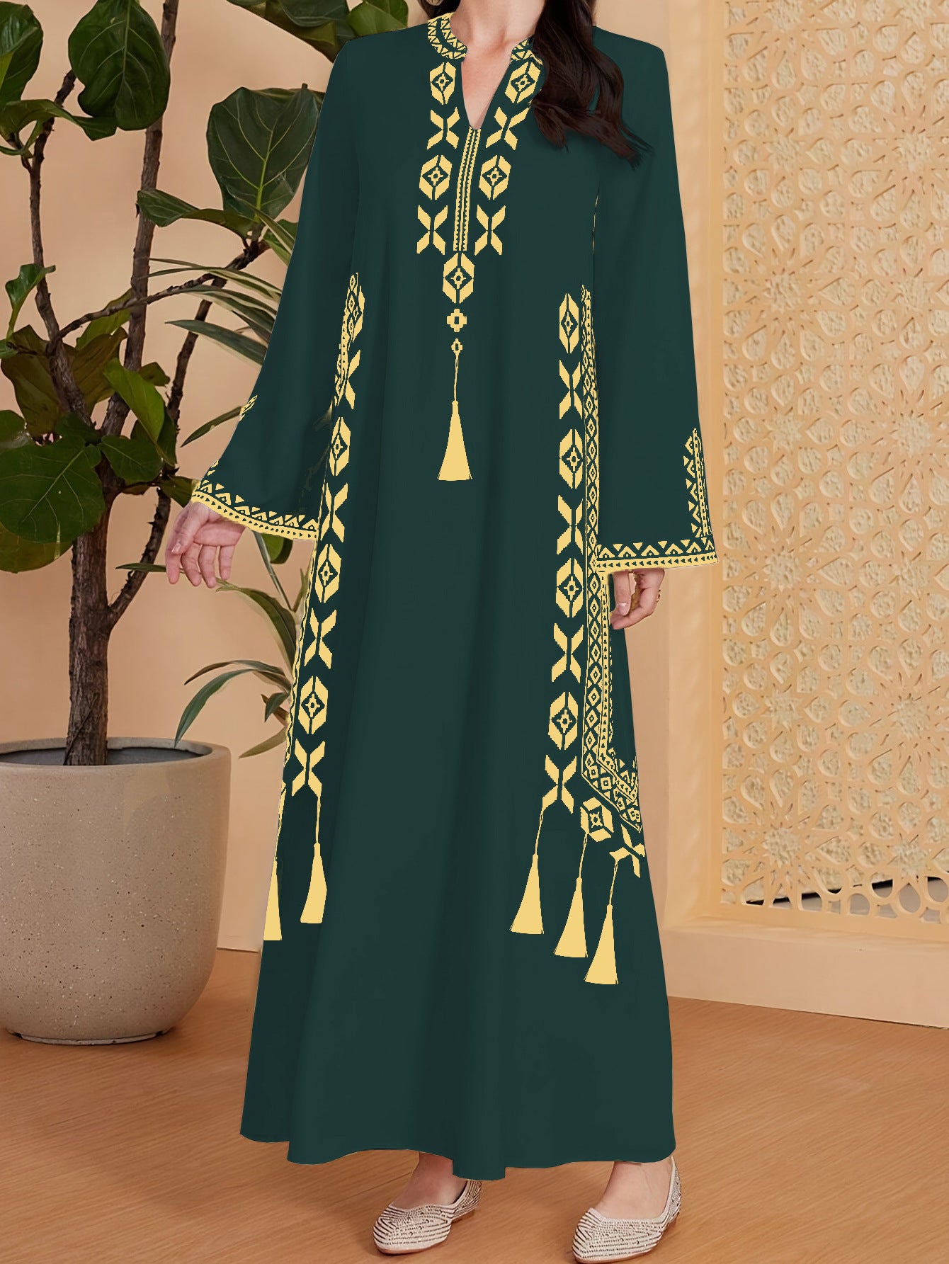 Women's Ethnic Embroidered Robe Loose-fitting Long Sleeves A- Line Dress