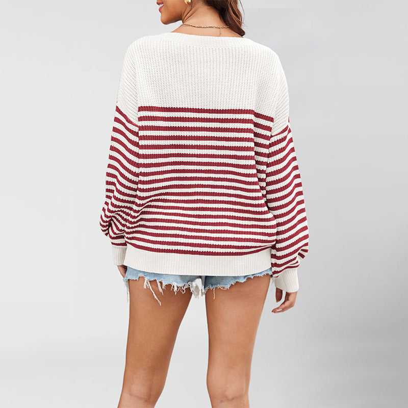 Women's Striped Color Matching Long Sleeve Round Plus Size