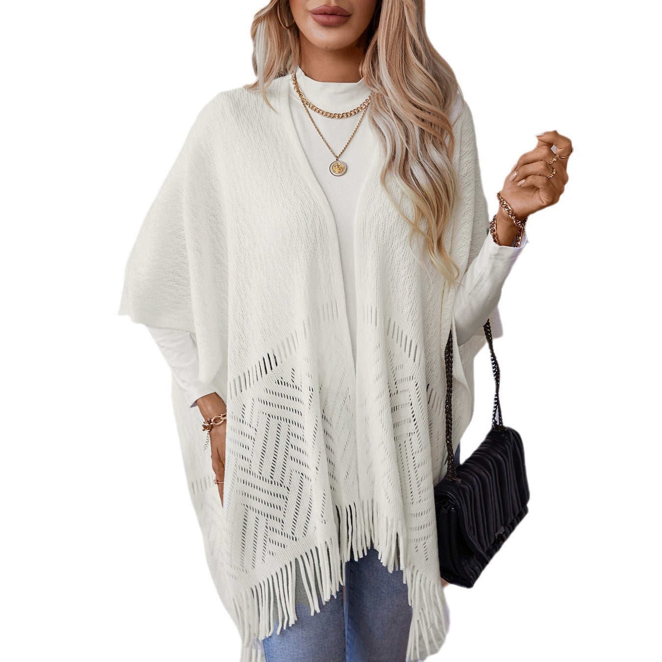 Women's Solid Color Knitted Tassel Cape Shawl Casual Women's Sweater