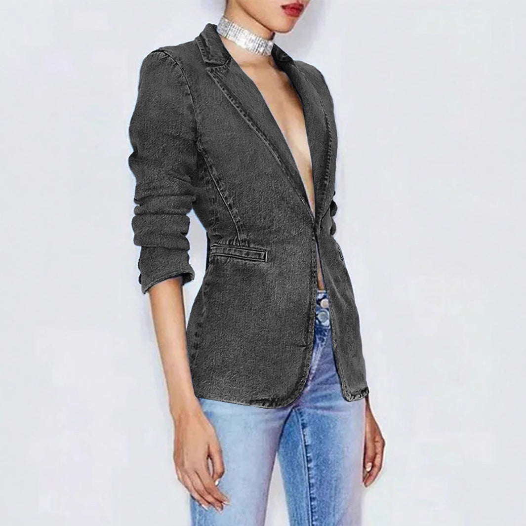 Women's Denim Slim Fit Slimming Collar Solid Jackets