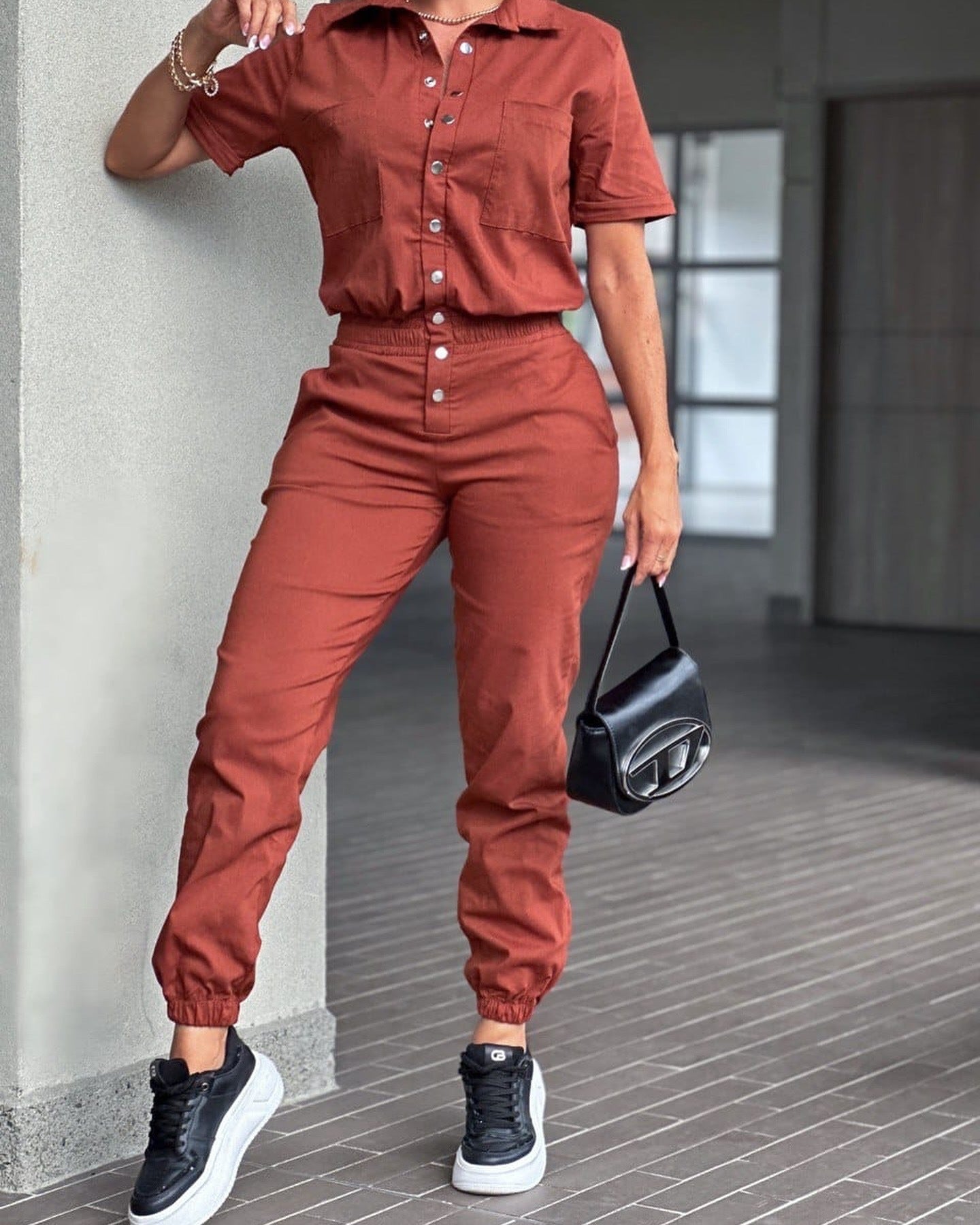 Women's Casual Fashion Lapel Pocket Waist Elastic Jumpsuits