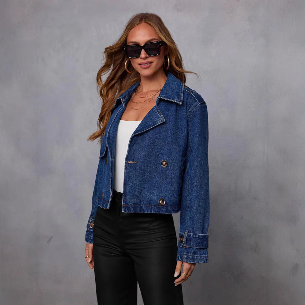 Women's Collar Solid Color Denim Double Breasted Jackets