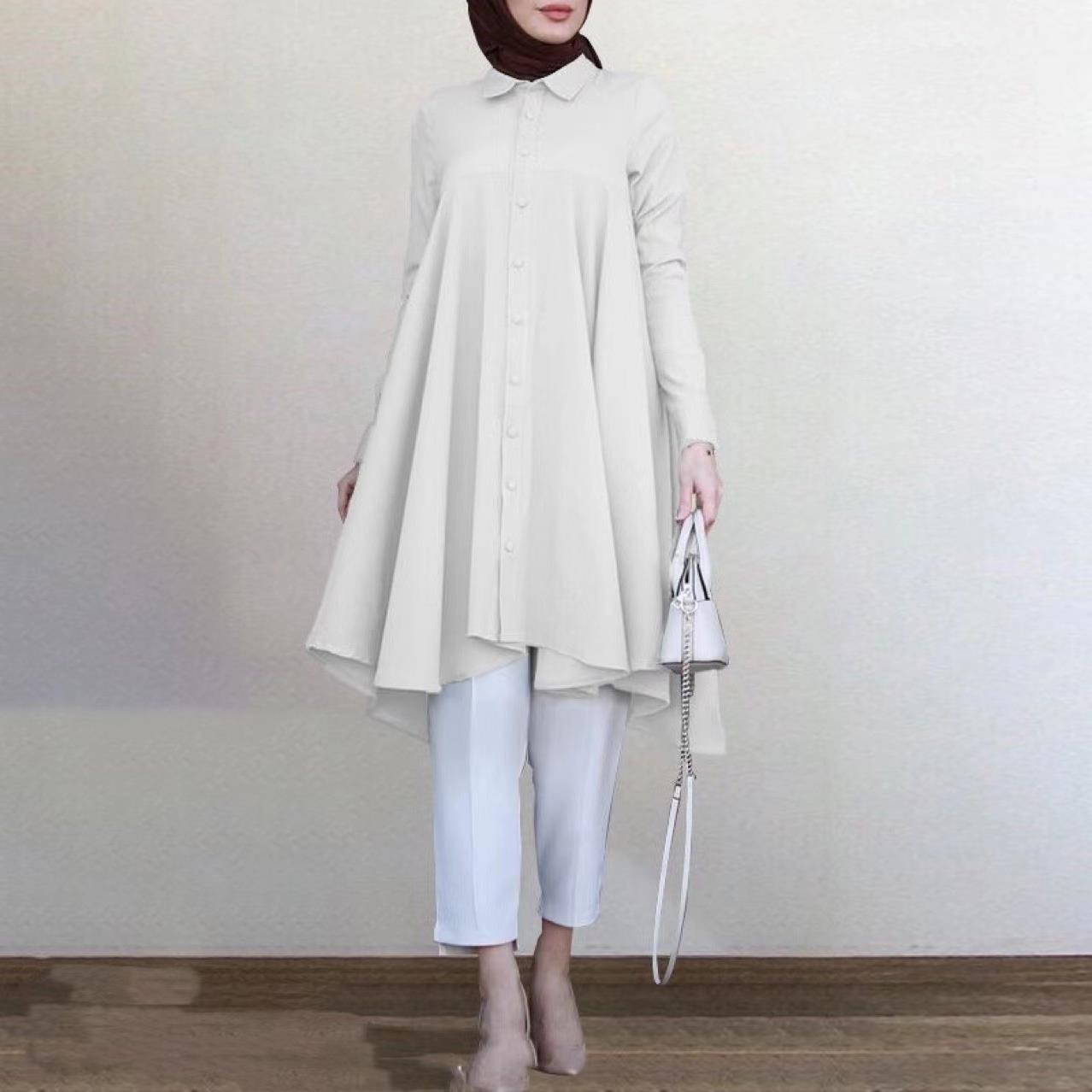 Women's Solid Color Polo Collar Button Placket Dovetail Curved Hem Blouses