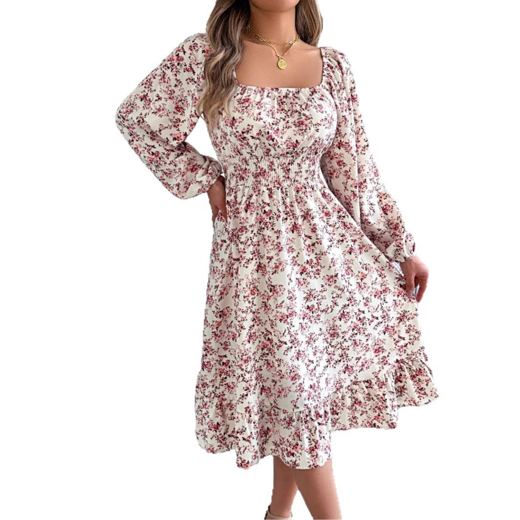 Women's Elegant Floral Square Collar Long Sleeve Waist Trimming Ruffles Clothing