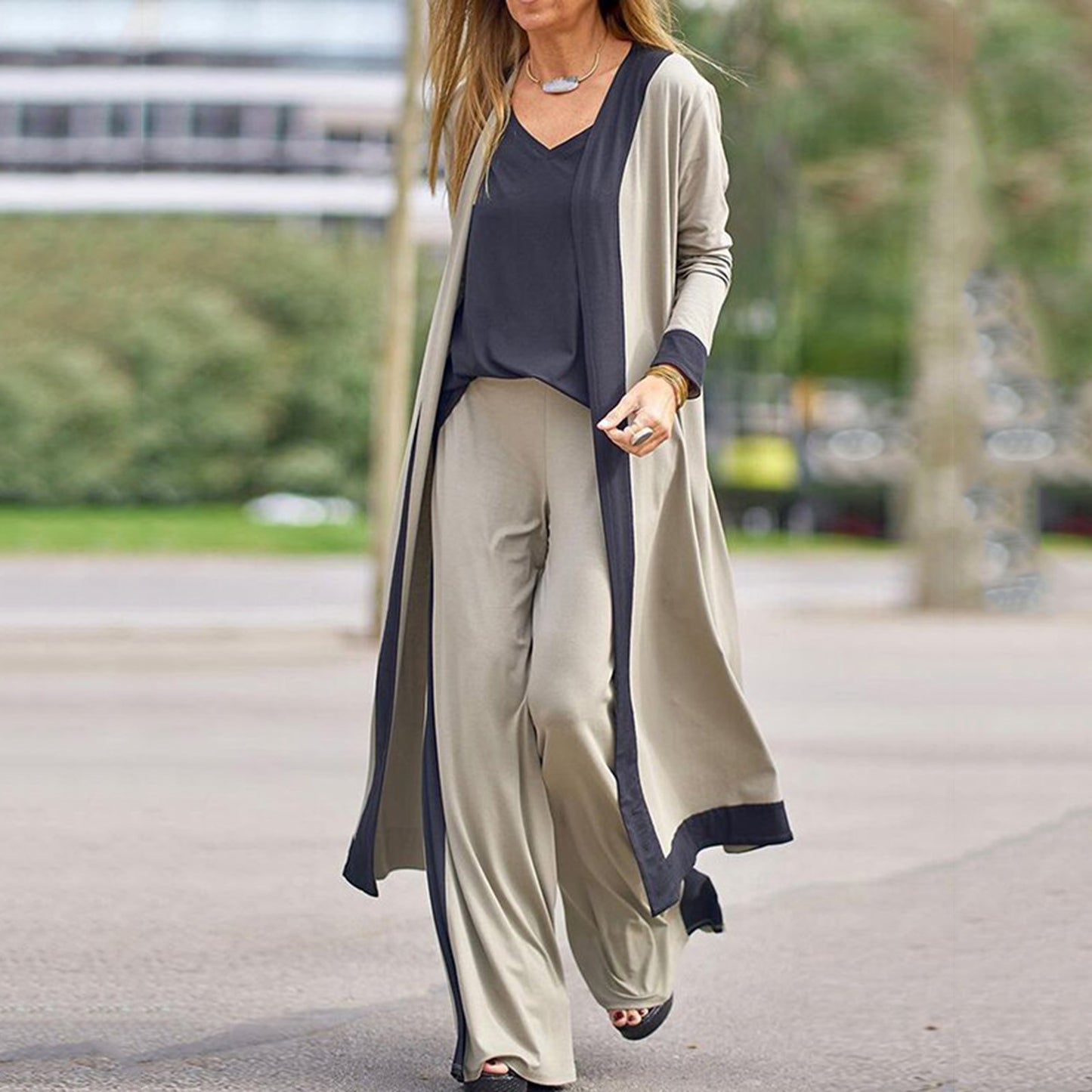 Contrast Sleeveless Long Sleeve Trousers Three-piece Cardigans