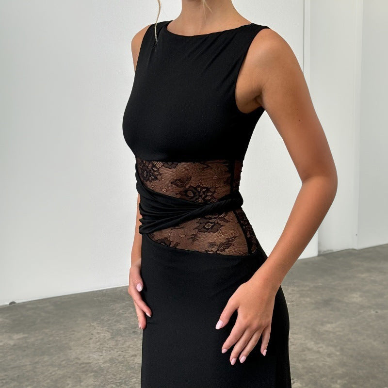 Women's Color Translucent Hollow Lace Twisted Belt Dresses