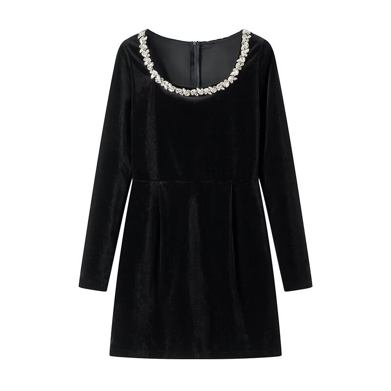 Women's Black Veet Slim Fit Diamond Fashion Long Sleeve Dresses
