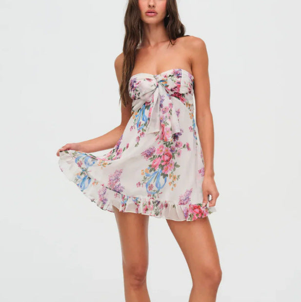French Style Printed Translucent Floral Strapless Skirts