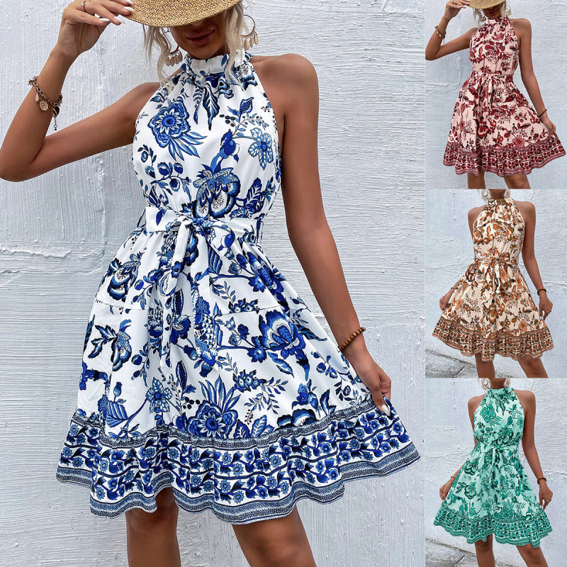 Women's Fashionable Floral Halter Cinched Sleeveless For Dress