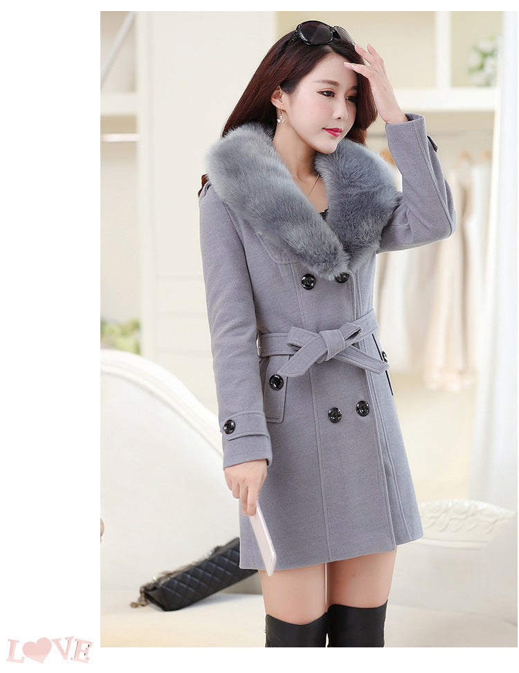 Women's Large Woolen Double-breasted Fur Collar Coats