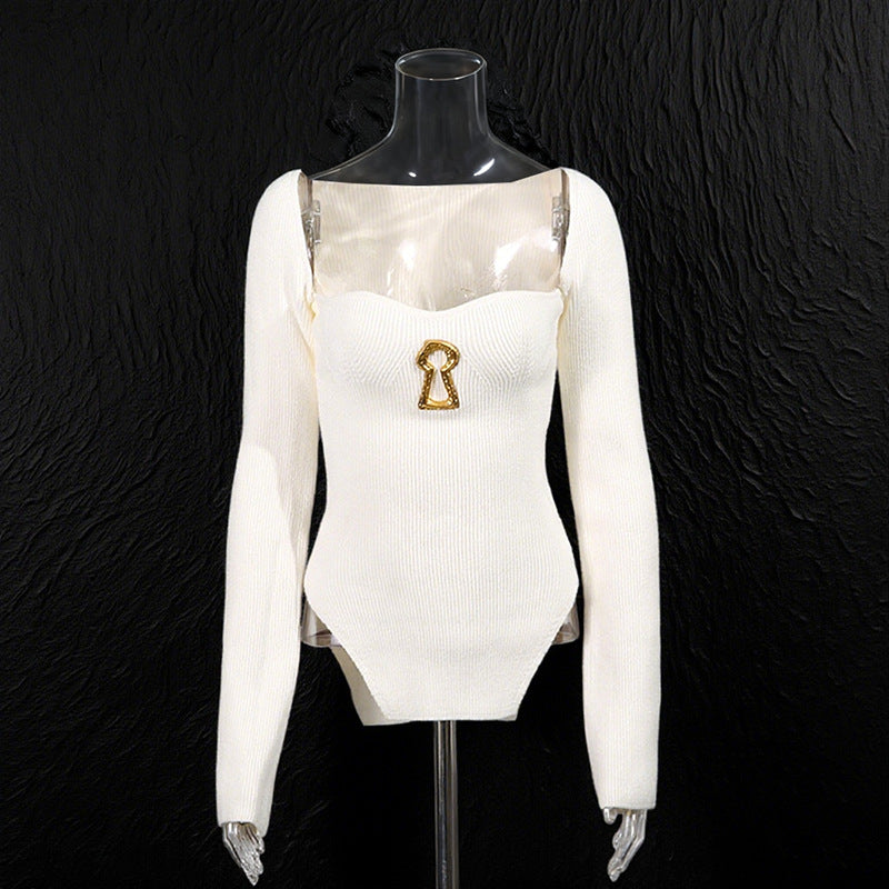 Hot Metal Buckle Decorative Pullover Stretch Sweaters