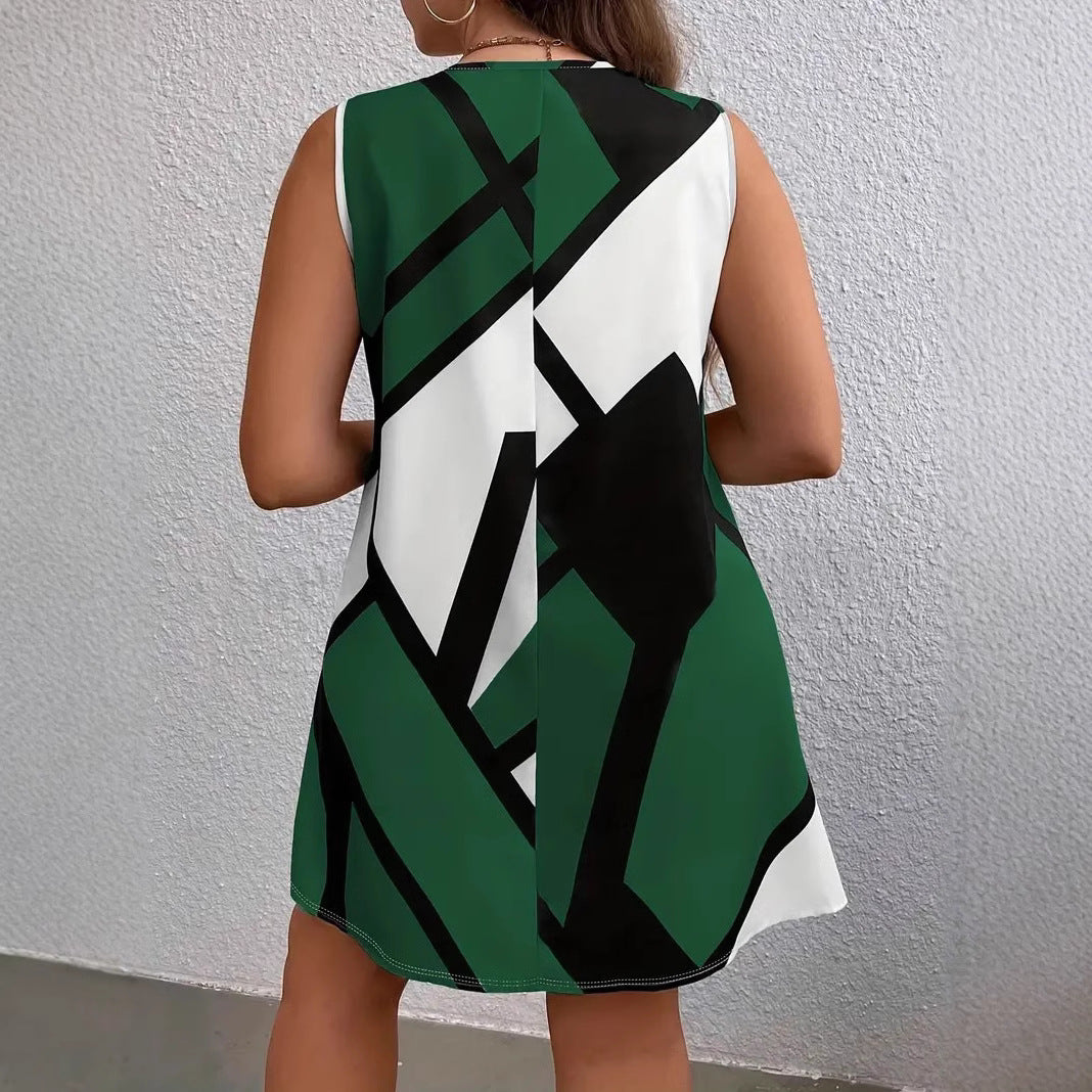 Women's Loose Big Hem Printed Geometric Pattern Sleeveless Dress