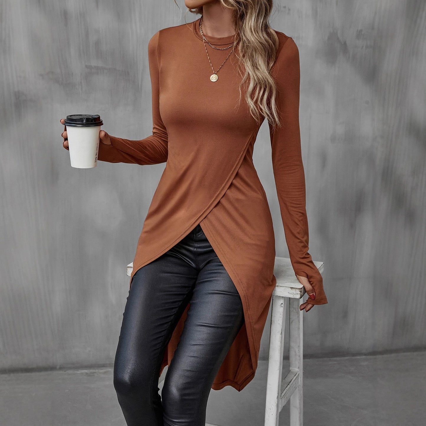 Simplicity Solid Color Long Sleeve Split Mid-length Dress
