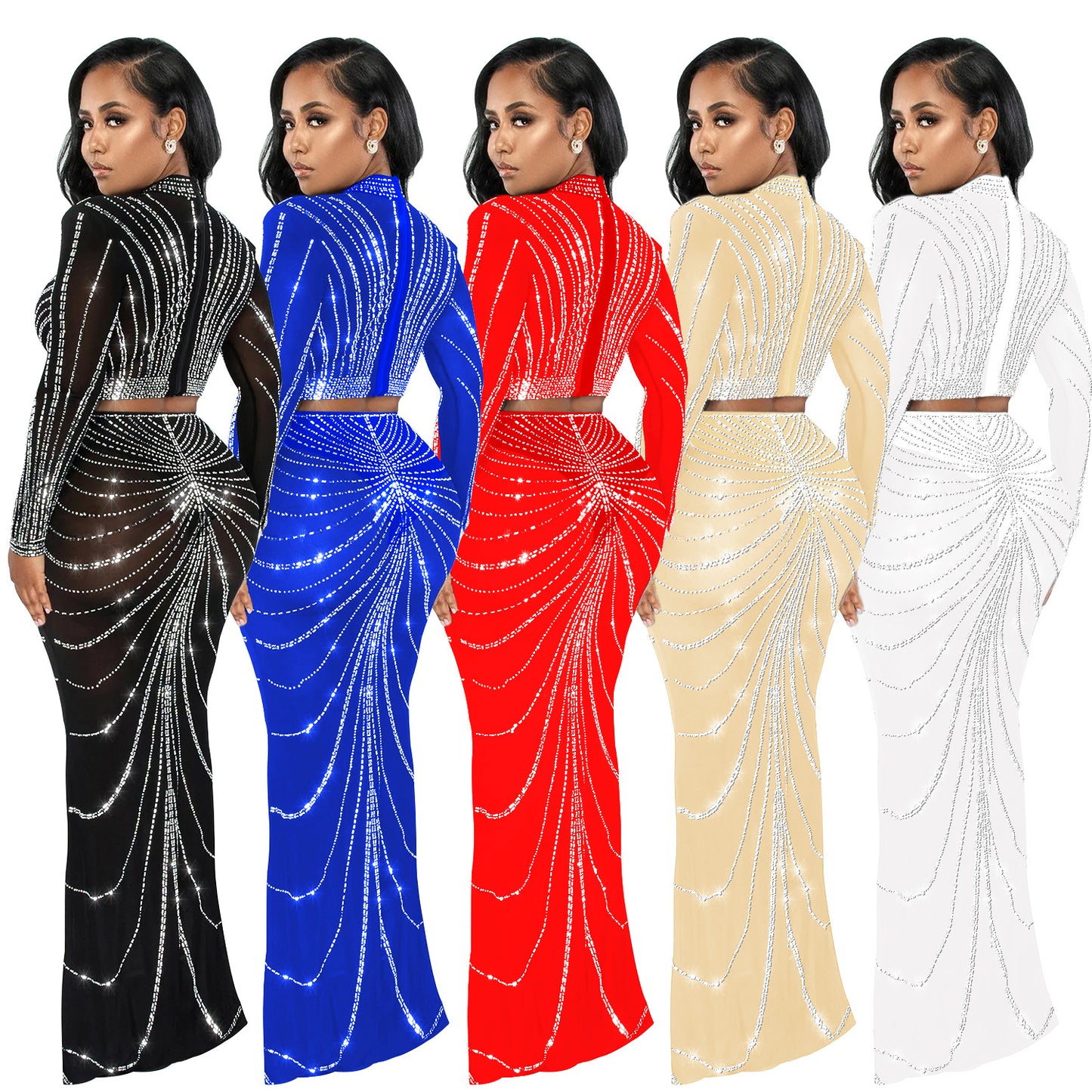 Women's Wear Mesh Hot Drilling Long Sleeve Suits