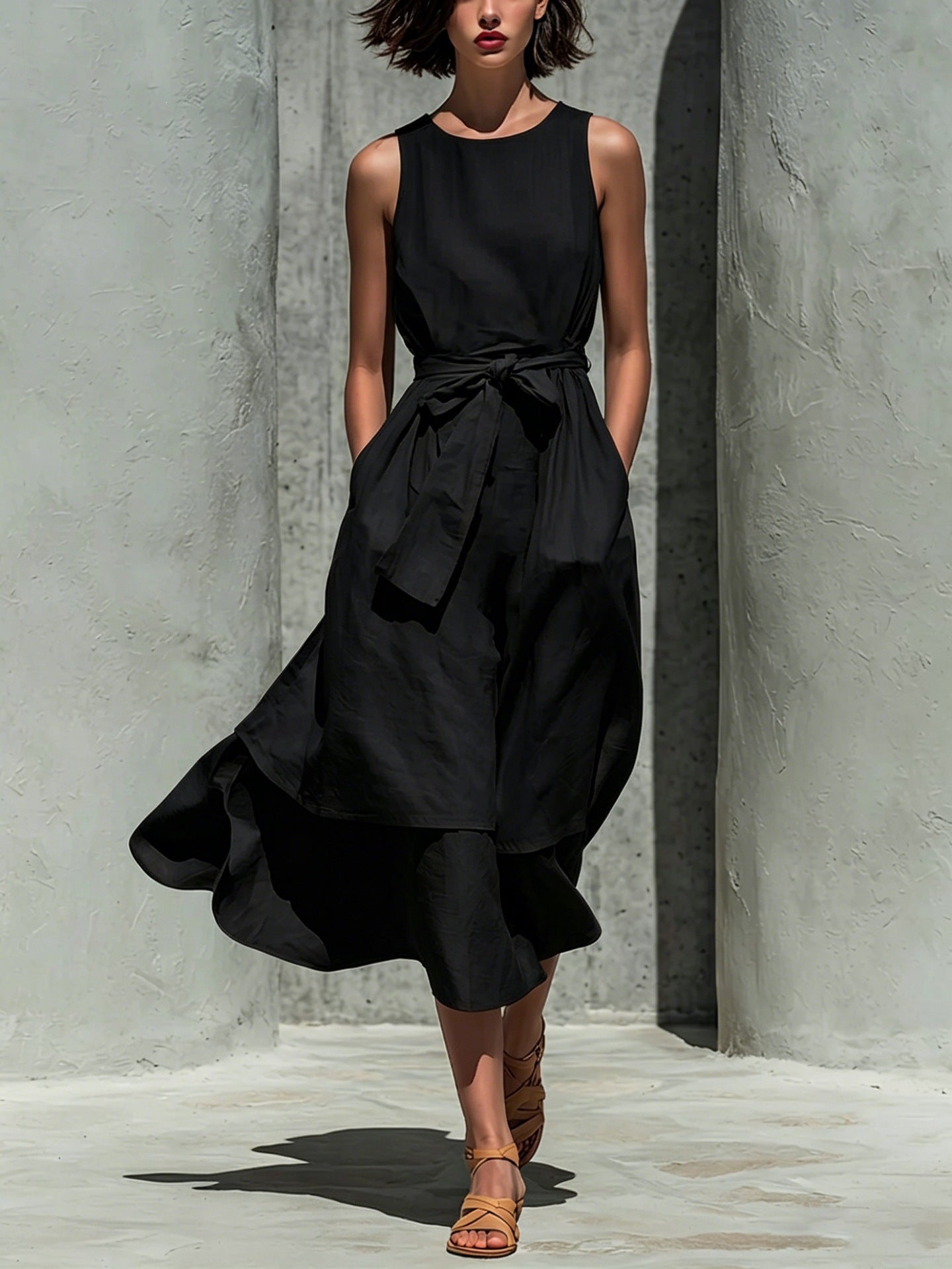 Sleeveless Round Neck Tied Waist Irregular Swing Dress