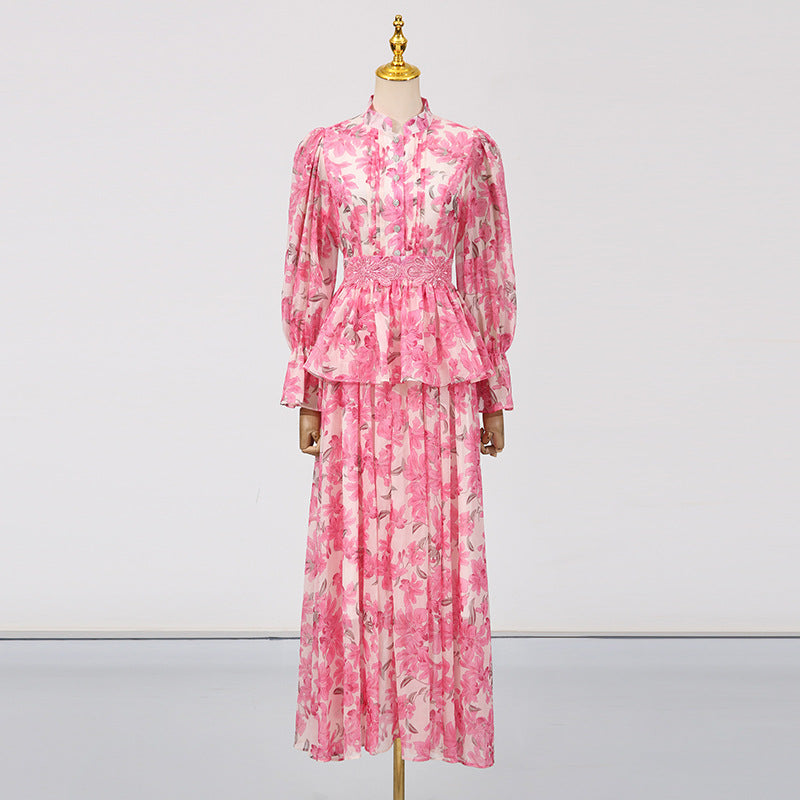 Women's Court Style Dress Summer Round Neck Button Embroidered Printed Dresses