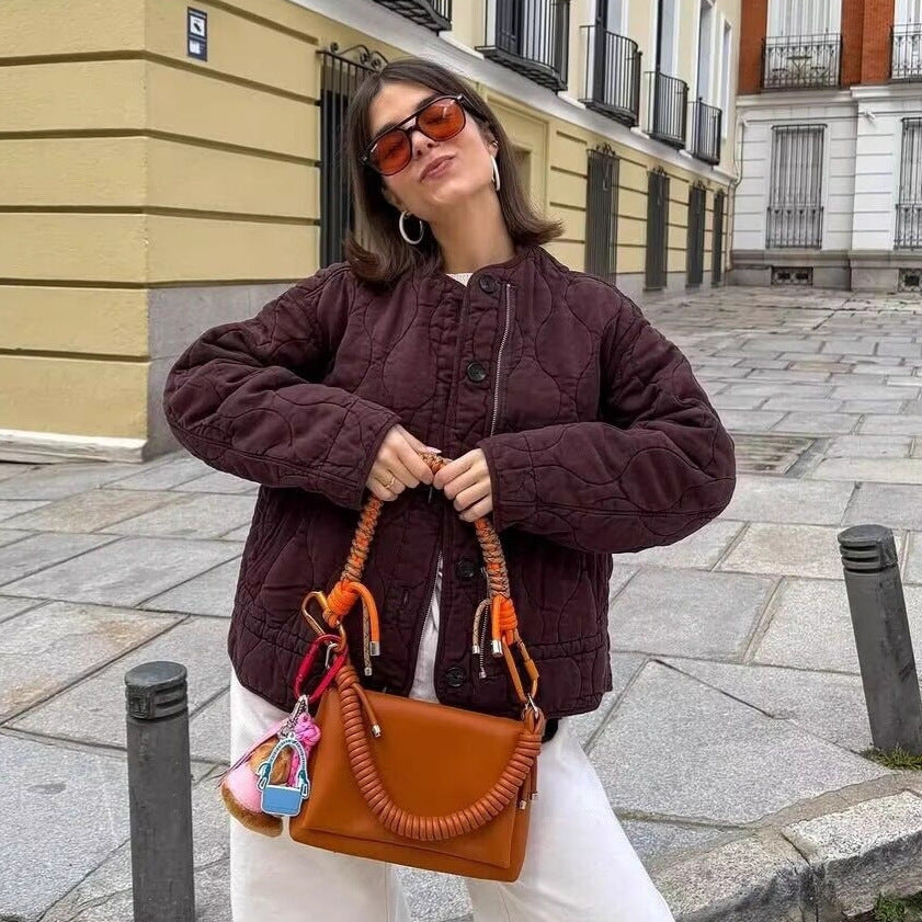 Two-color Drawstring Design Round Neck Quilted Coats