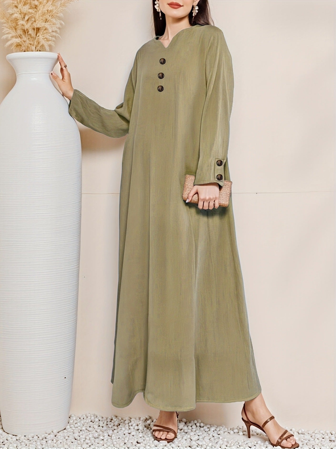 Women's Casual Woven Fake Button Design Loose Dress