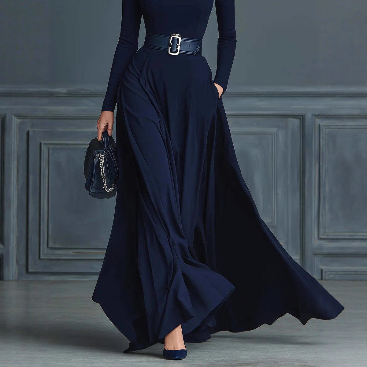 Women's Color Long Sleeve High Collar Large Dresses